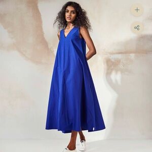 Khara Kapas Honolulu Blue Brine Midi Dress Side Pockets Sz Xl NWT